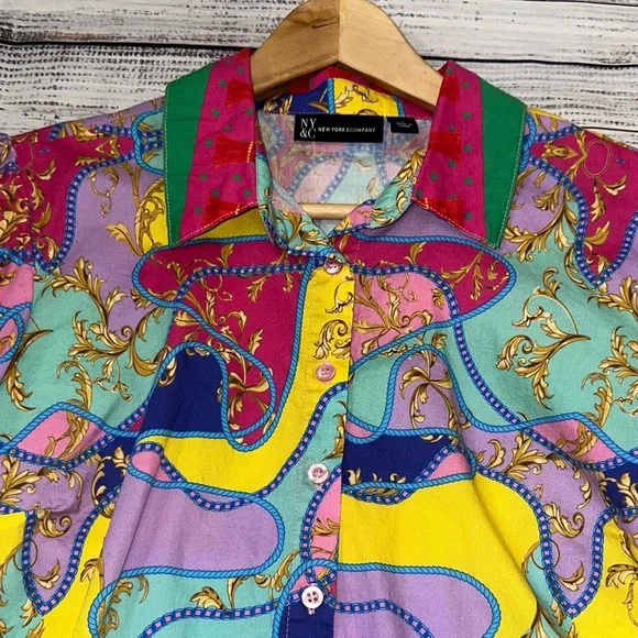 New York & Company Vibrant Multicolor Puff Sleeves Blouse Sz. L - Picture 3 of 8